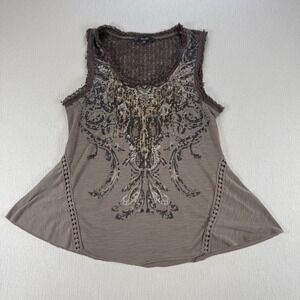 Miss Me Tank Top Womens Small Brown Embellished Open Weave Knit Raw Edge Boho